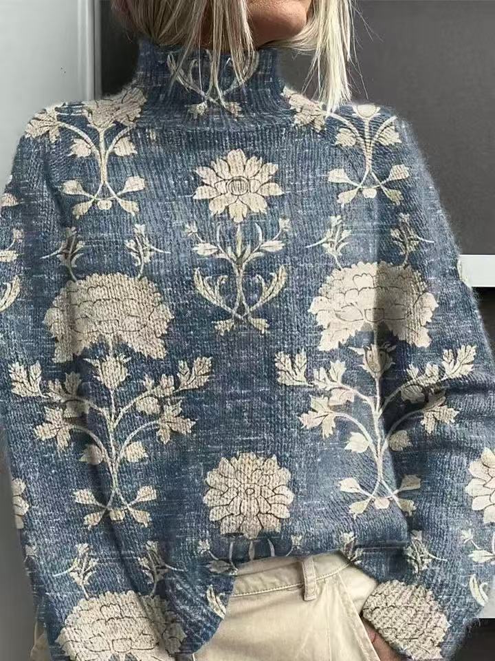 Woman in a floral printed turtleneck sweater
