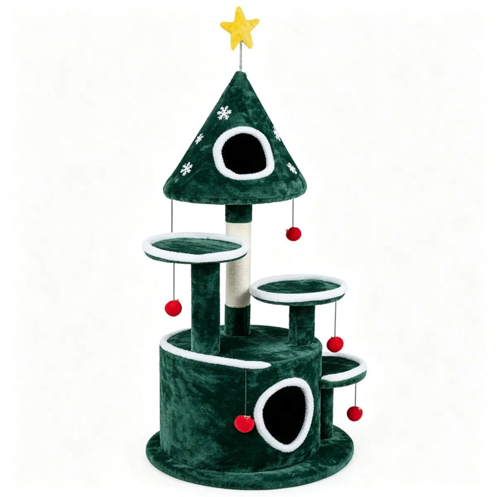 Christmas themed cat tree with bell balls
