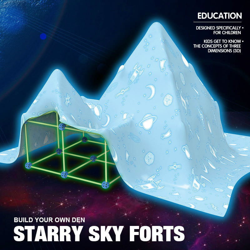 Kids building a fort from glowing sticks and balls