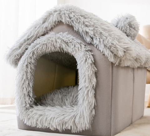 Foldable plush cat house with cushion