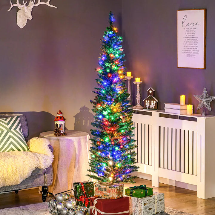 Green slim Christmas tree with multicolor lights