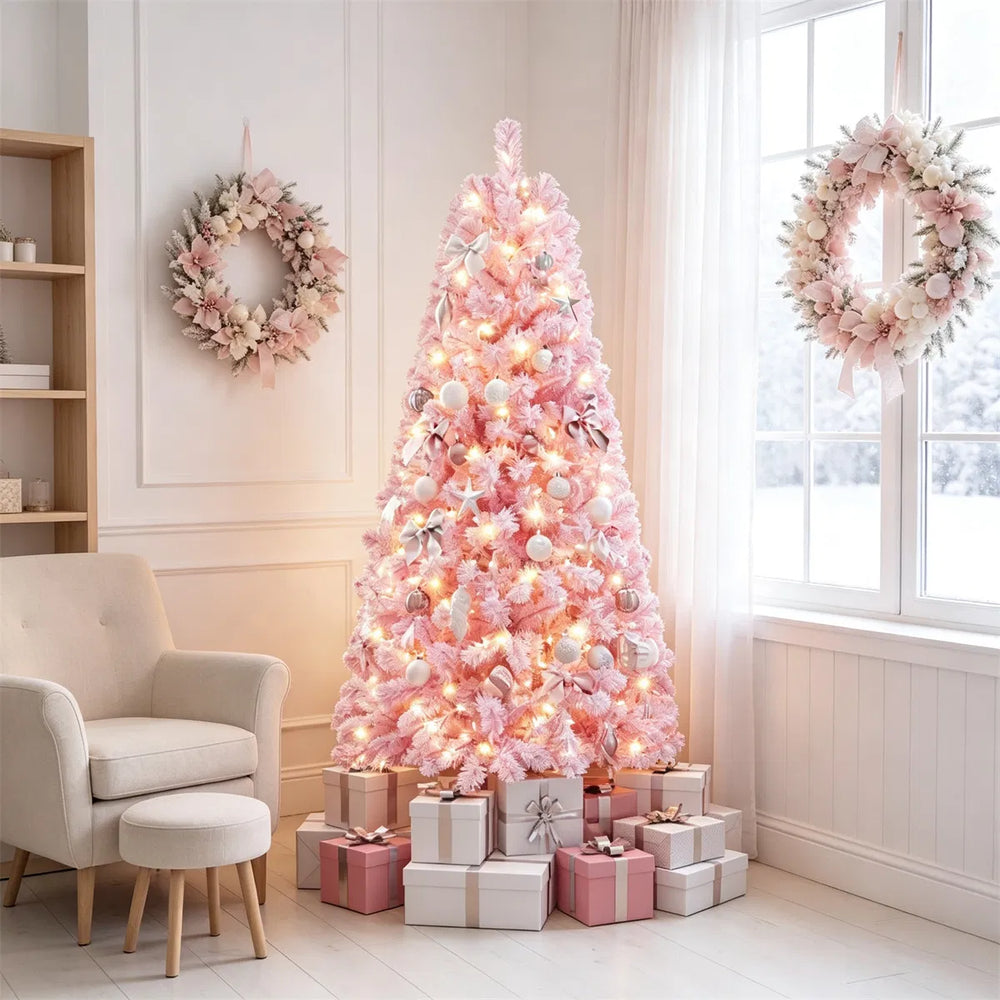 Small pink flocked pre-lit Christmas tree