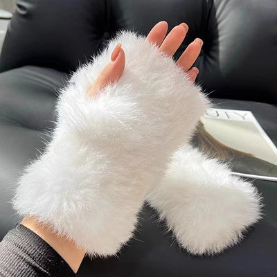 White fluffy fur fingerless mittens