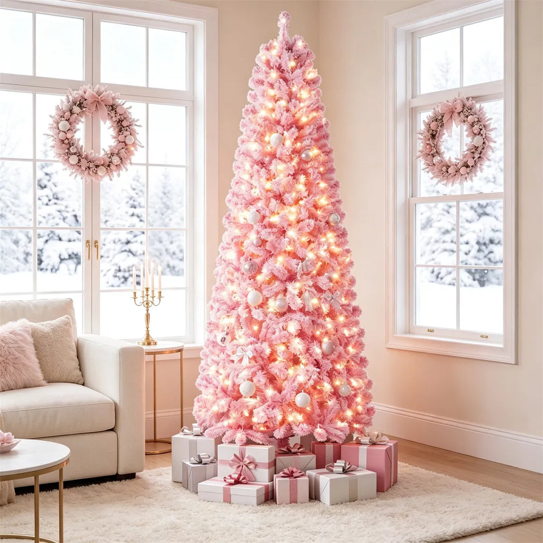 Full pink flocked Christmas tree with lights