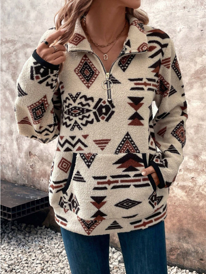 Colverro Half-Zip Fleece Sweatshirt with Geometric Print