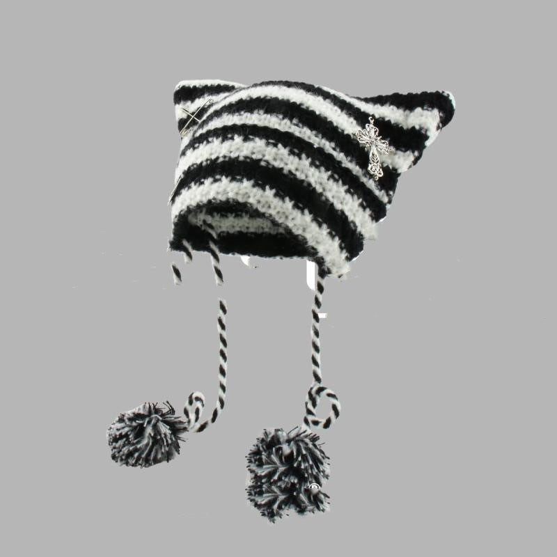 Striped cat ear beanie with pompom ties