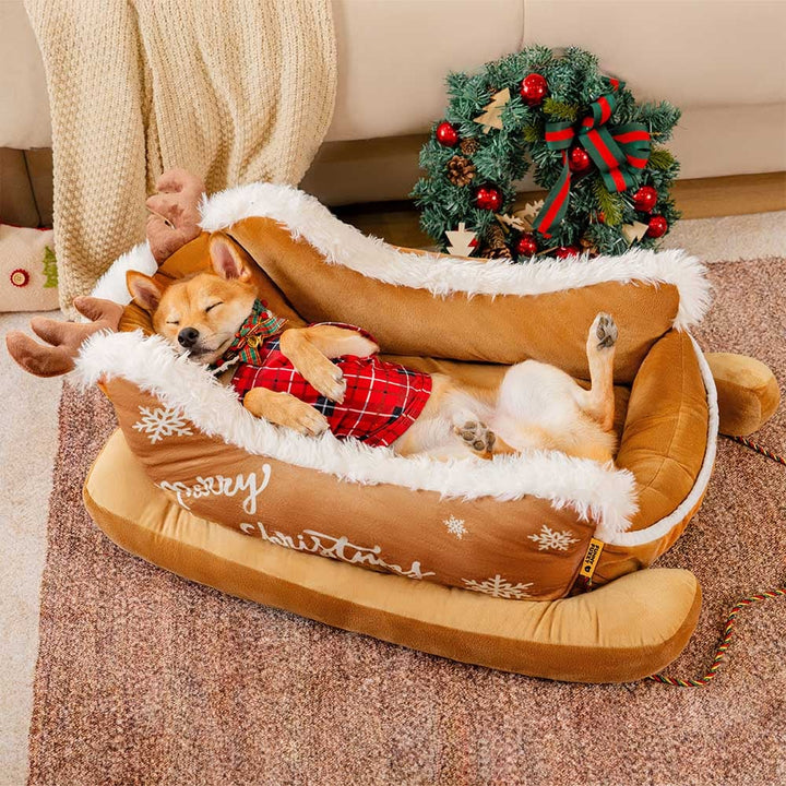 Colverro™ Sleigh-Shaped Dog Bed with Plush Faux Fur for Cozy Winters