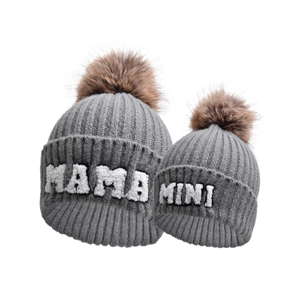 MAMA and MINI pompom beanie set