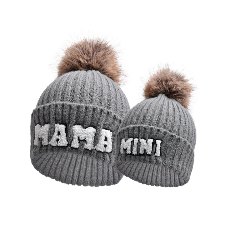 MAMA and MINI pompom beanie set
