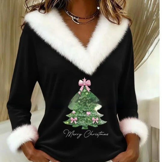 Woman in a Christmas martini print top