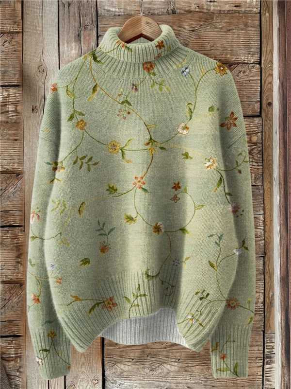 Woman in a floral printed turtleneck sweater