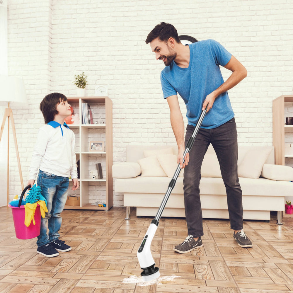 Cordless electric spin scrubber with brush heads