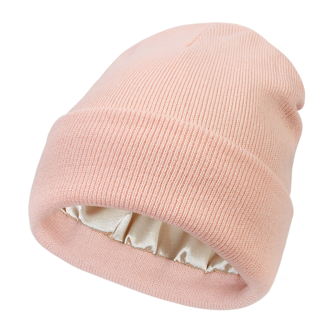 Cuffed knit beanie with satin lining