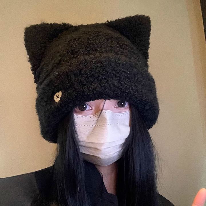 Cream fluffy sherpa beanie with cat ears