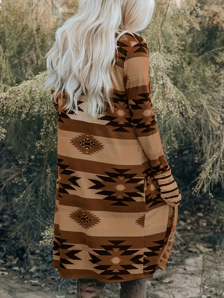 Woman in a long color-block cardigan