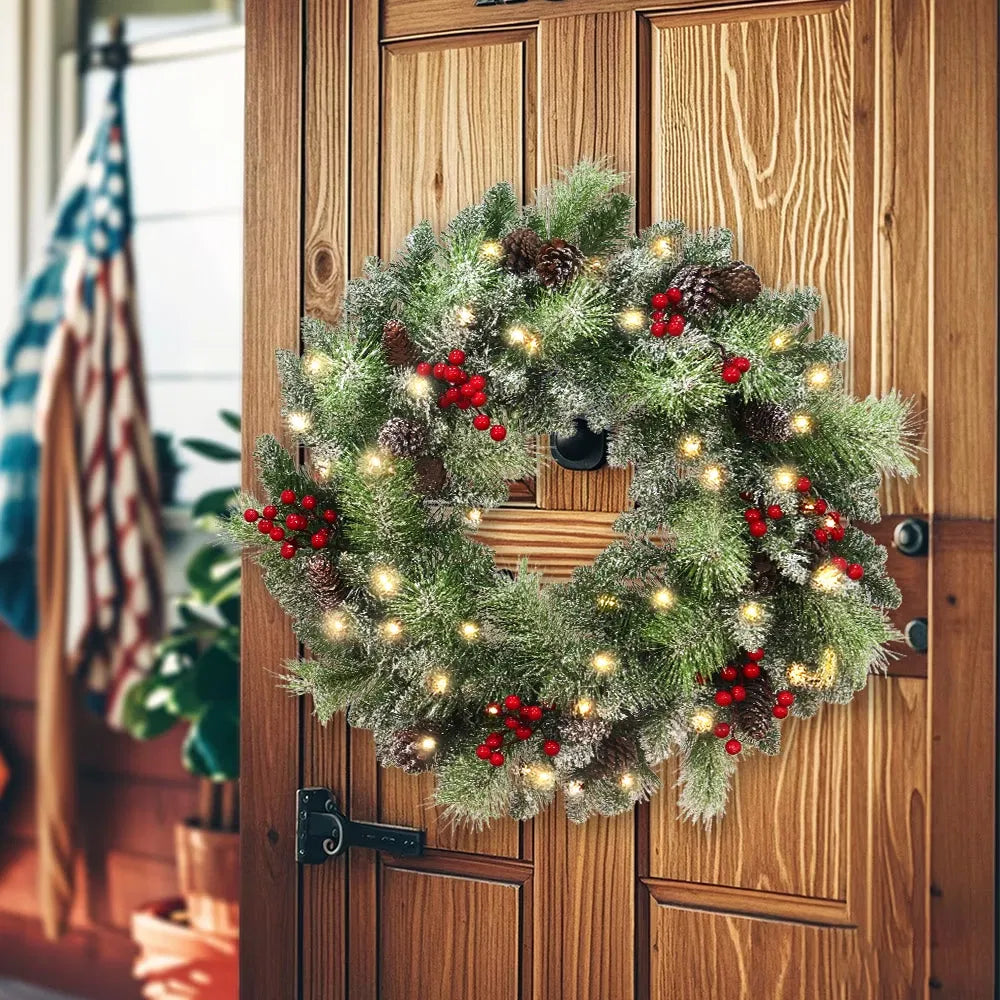 Lighted Christmas wreath with pine cones
