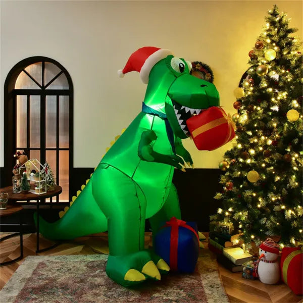 Inflatable T-rex dinosaur with Santa hat