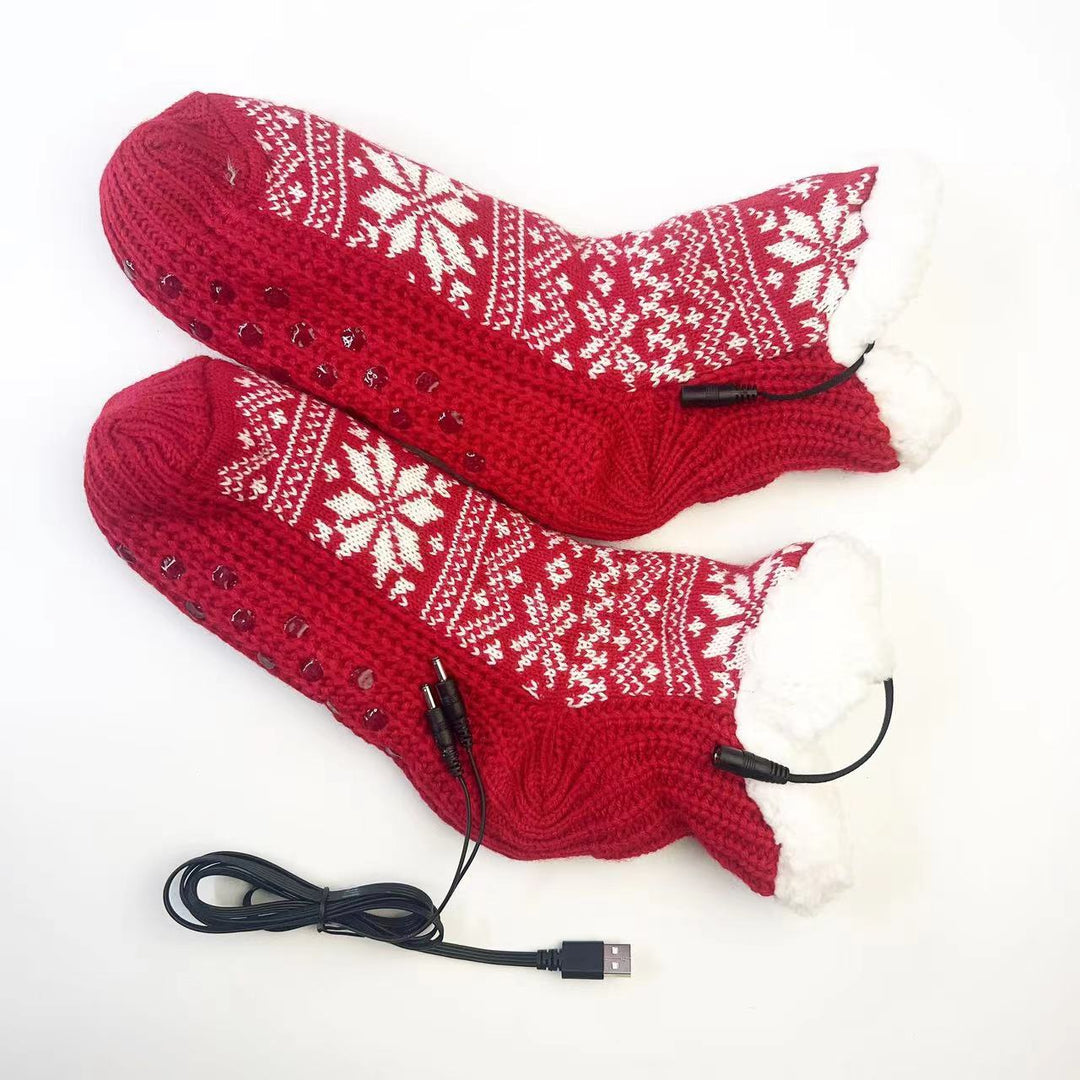 Red USB heated snowflake knit socks
