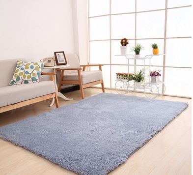 Fluffy beige shag rug in living room