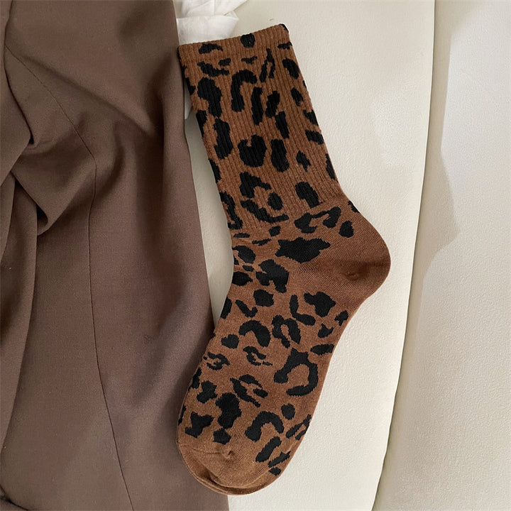 Brown leopard print mid-calf crew socks