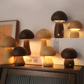 Wooden mushroom lamp glowing warm