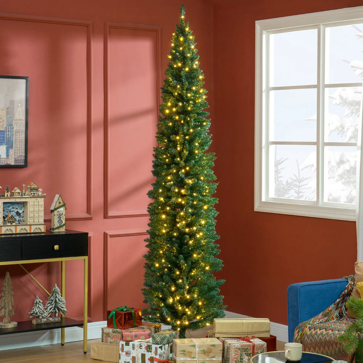 Tall slim green pre-lit Christmas tree