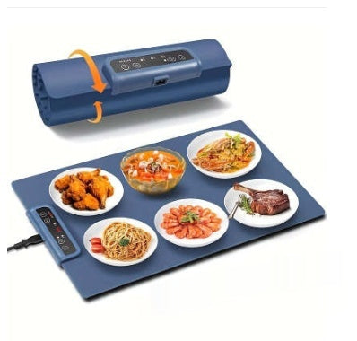 Roll-up food warming mat with dishes