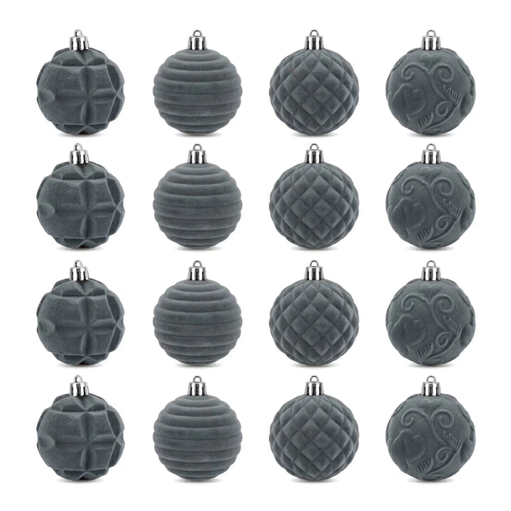 Gray velvet ball ornaments with silver caps