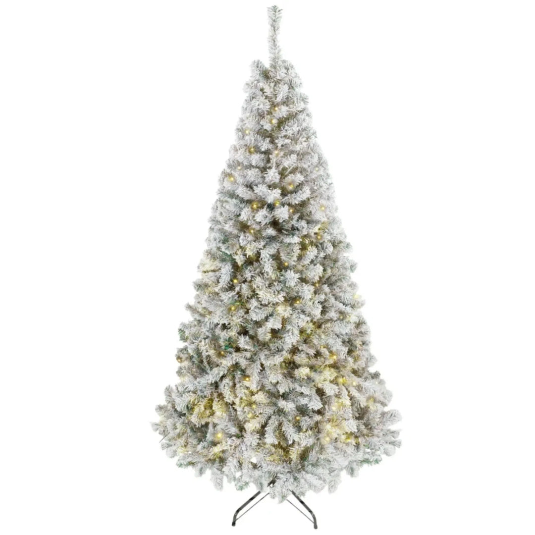 Tall flocked fir Christmas tree with lights