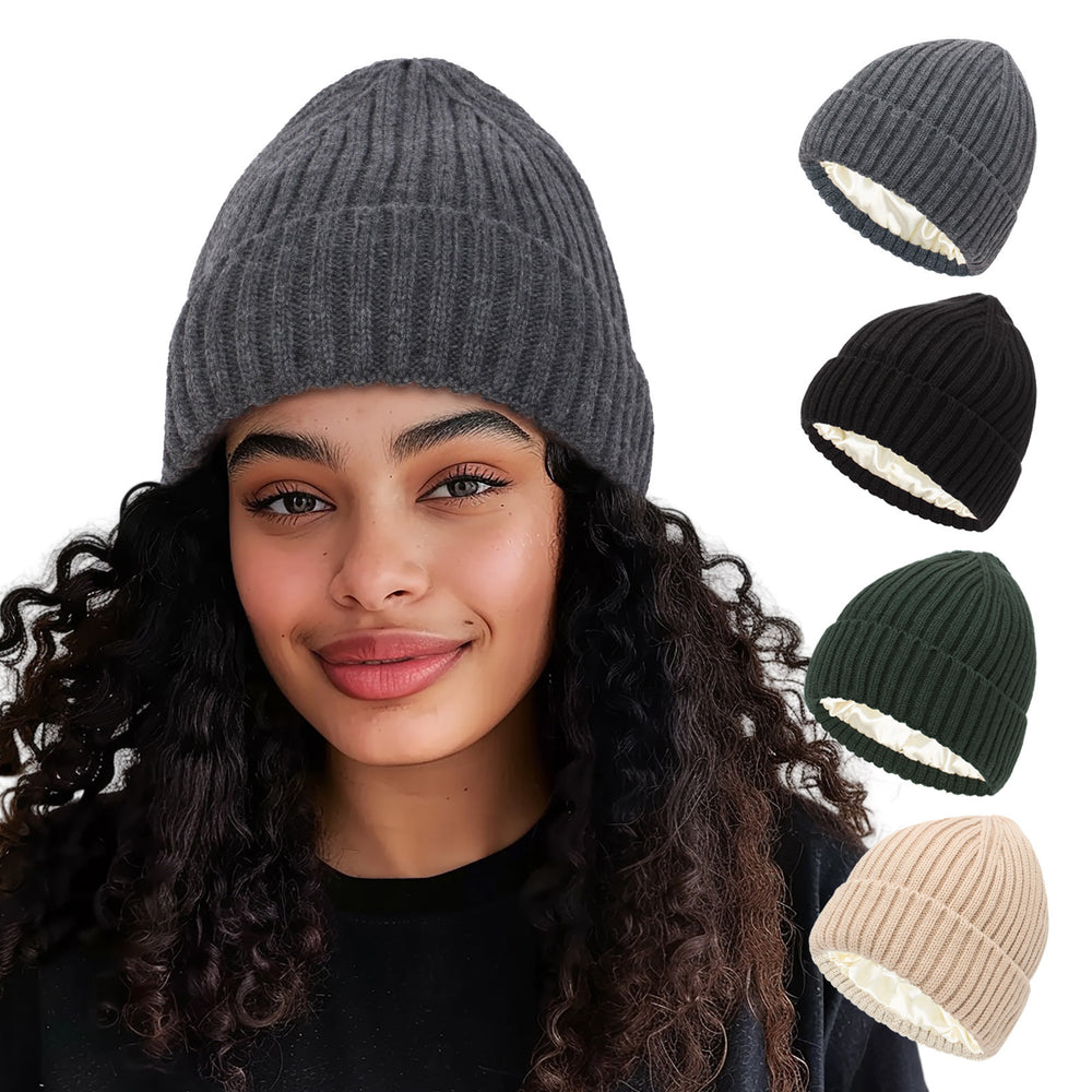 Satin-lined ribbed knit beanie in cream