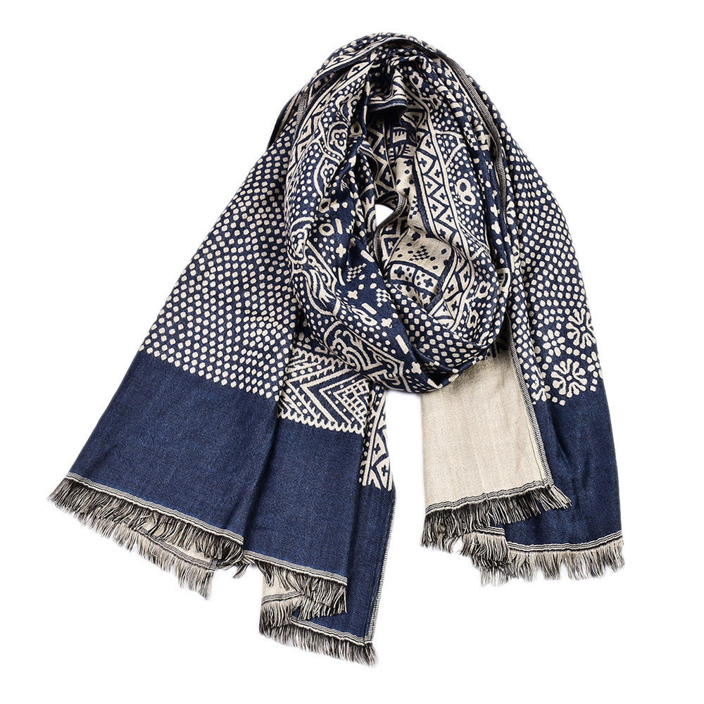 Navy jacquard scarf with fringe