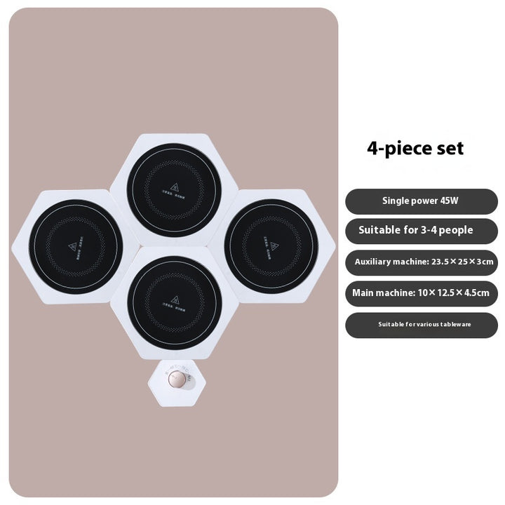 White hexagonal food warming plates joined in a cluster