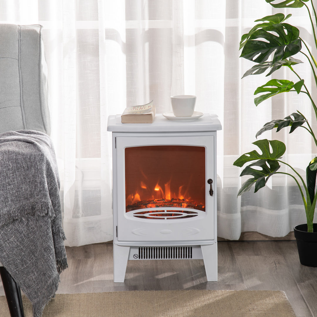 White electric fireplace stove with glowing LED flames