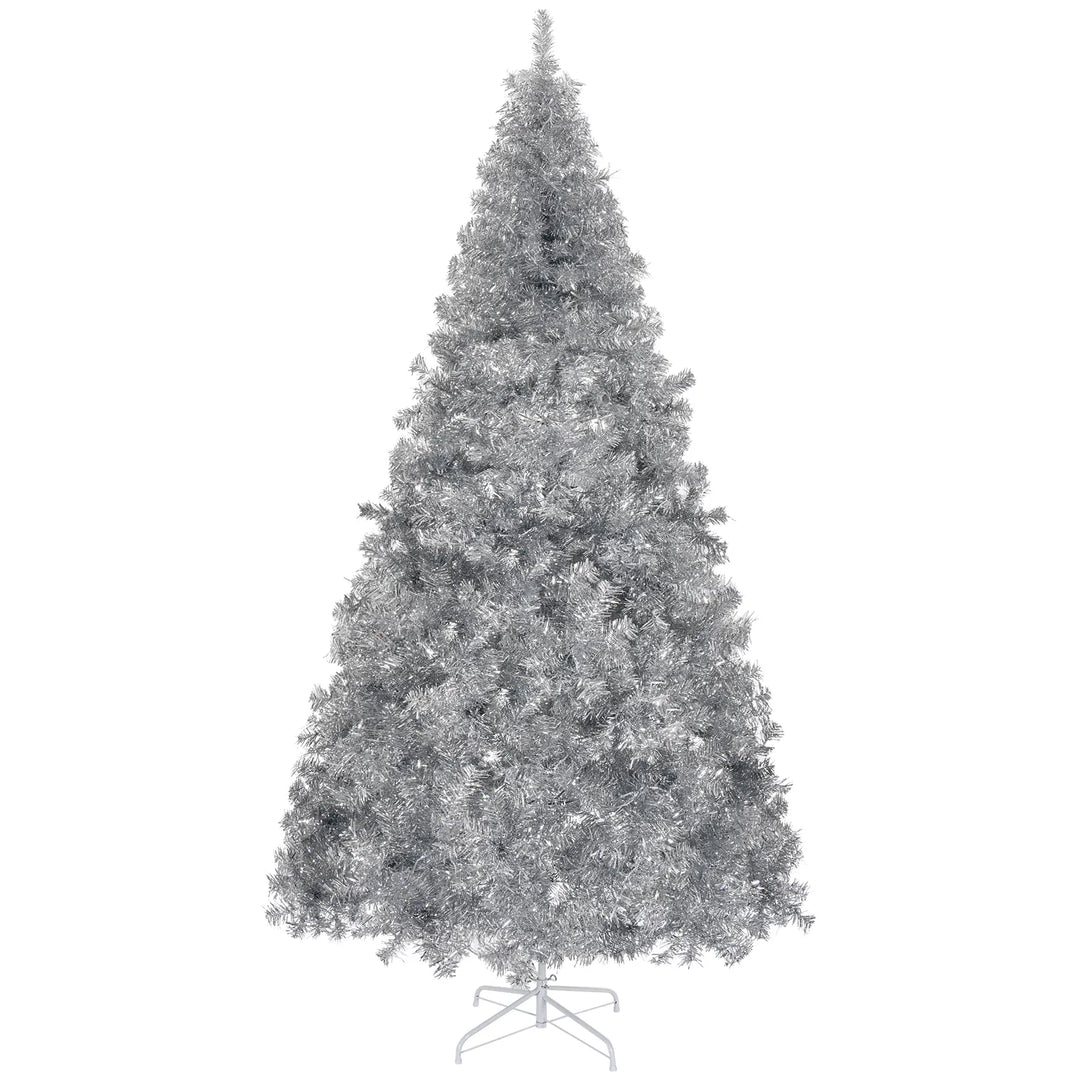 Full silver artificial Christmas tree on a metal stand