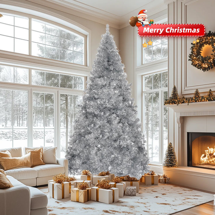 Full silver artificial Christmas tree on a metal stand