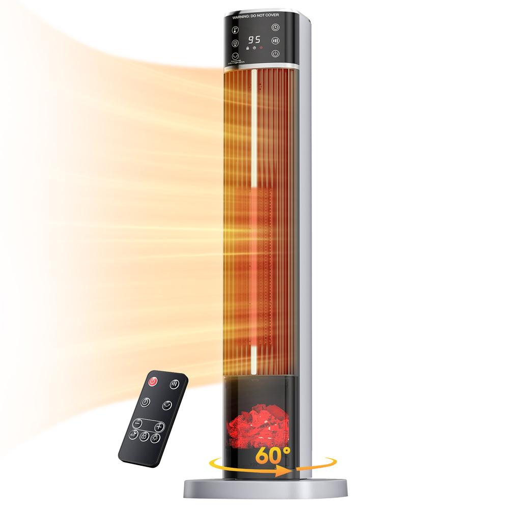 Tall black ceramic tower heater with flame effect panel