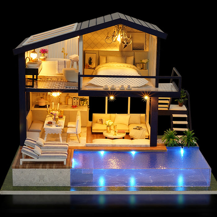 Colverro DIY Miniature Dollhouse Kit with LED Lights and Pool