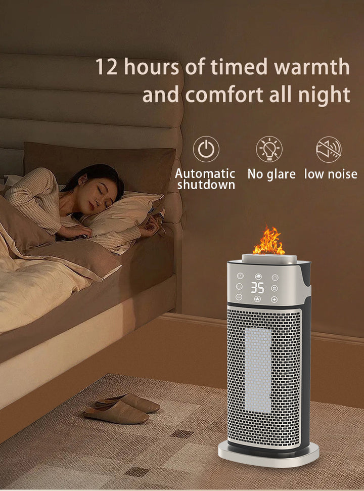 Silver tower fan heater with glowing flame-effect humidifier
