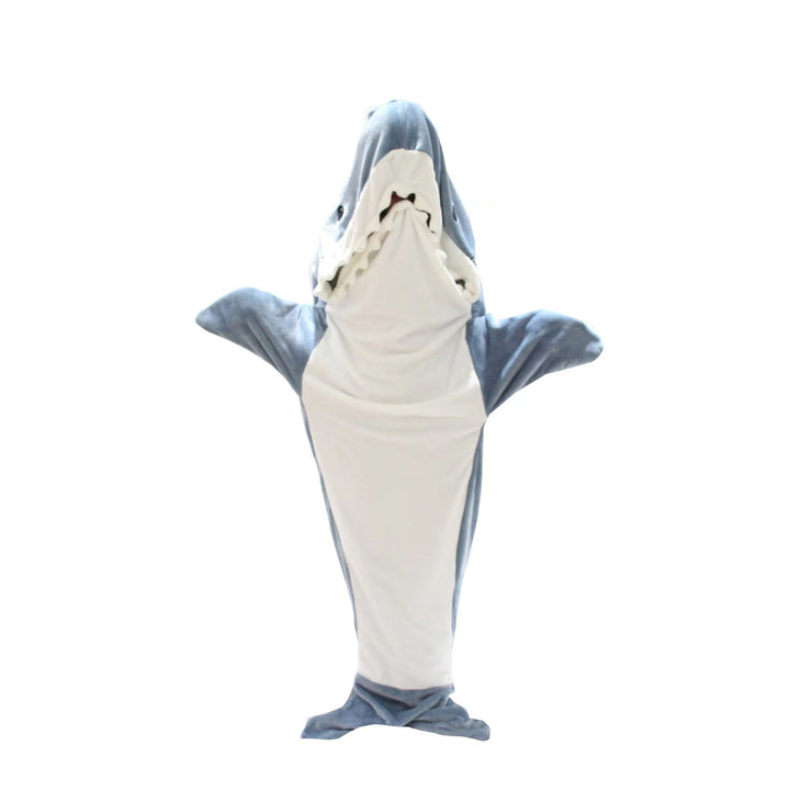 Person wearing a gray shark blanket hoodie