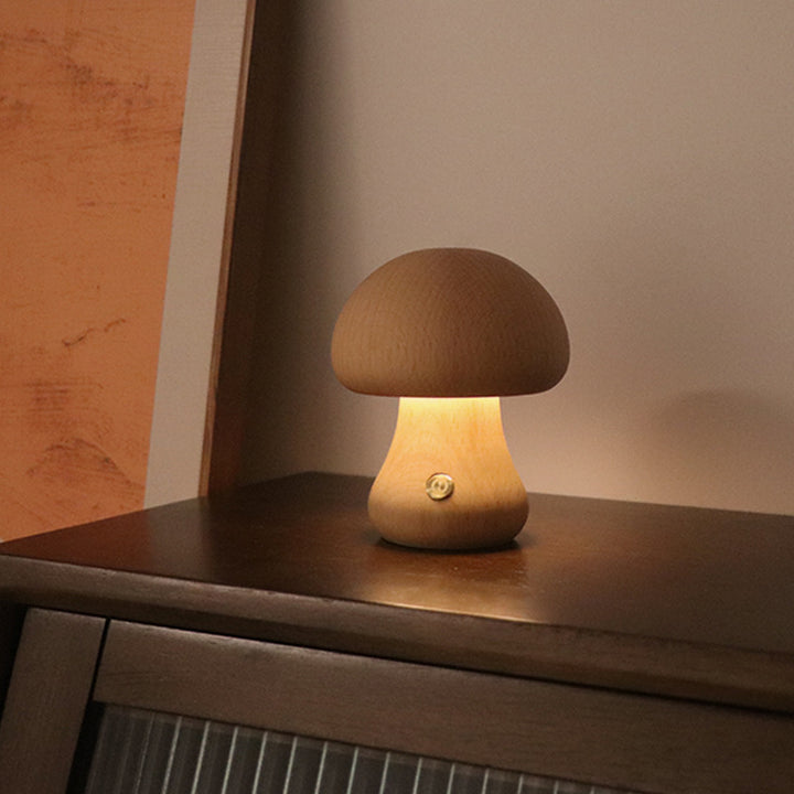 Wooden mushroom lamp glowing warm