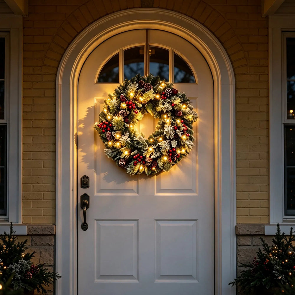 Frosted lighted wreath with red berries