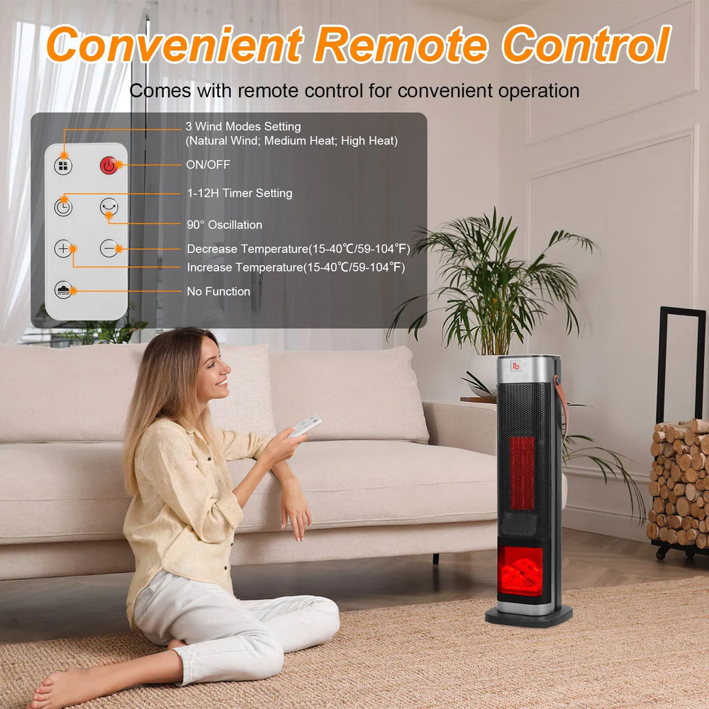 Black tower space heater with glowing flame effect window