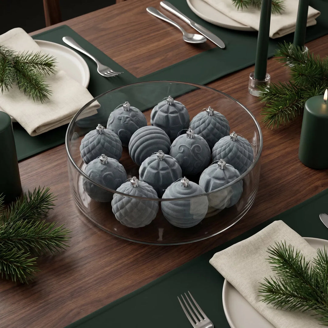 Gray velvet ball ornaments with silver caps