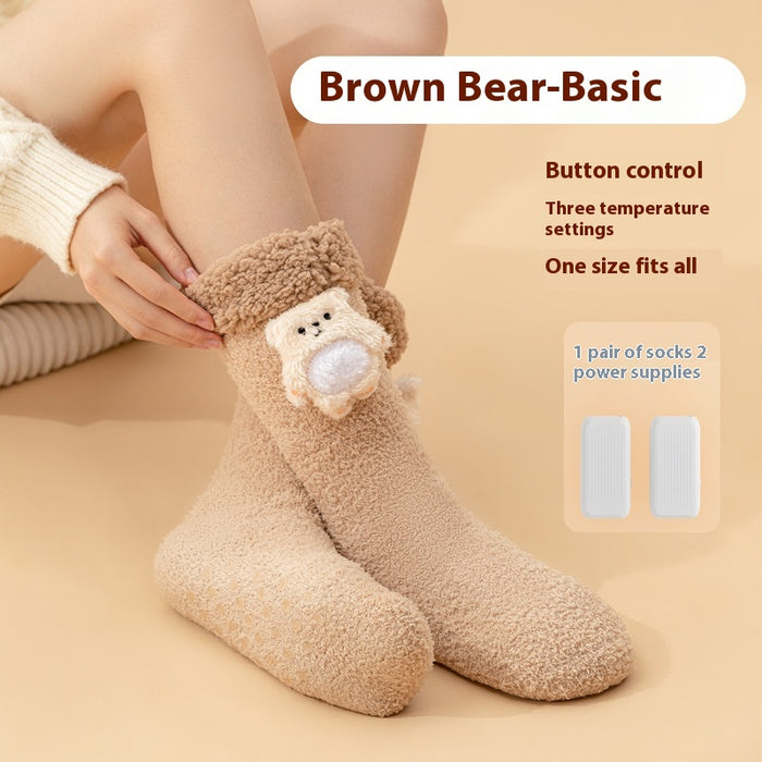 Colverro Plush Heated Socks with Animal Badge, Rechargeable