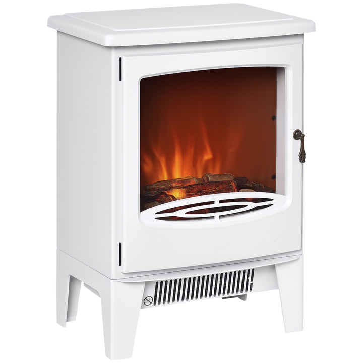 White electric fireplace stove with glowing LED flames