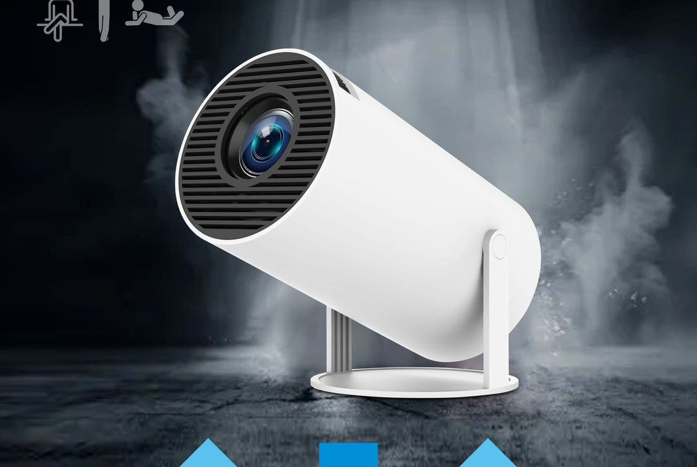 White portable mini projector on tilting stand