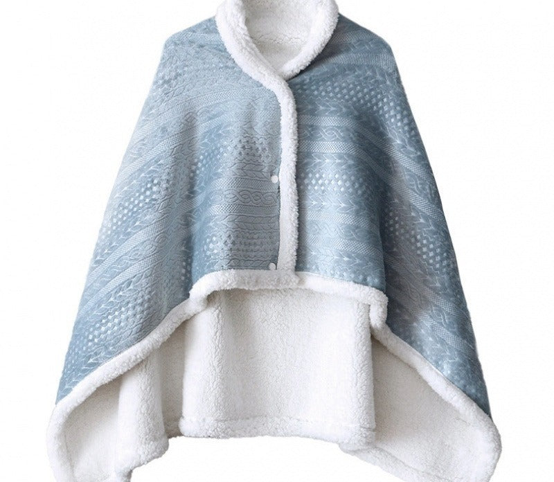 Woman wearing sherpa shawl blanket with buttons