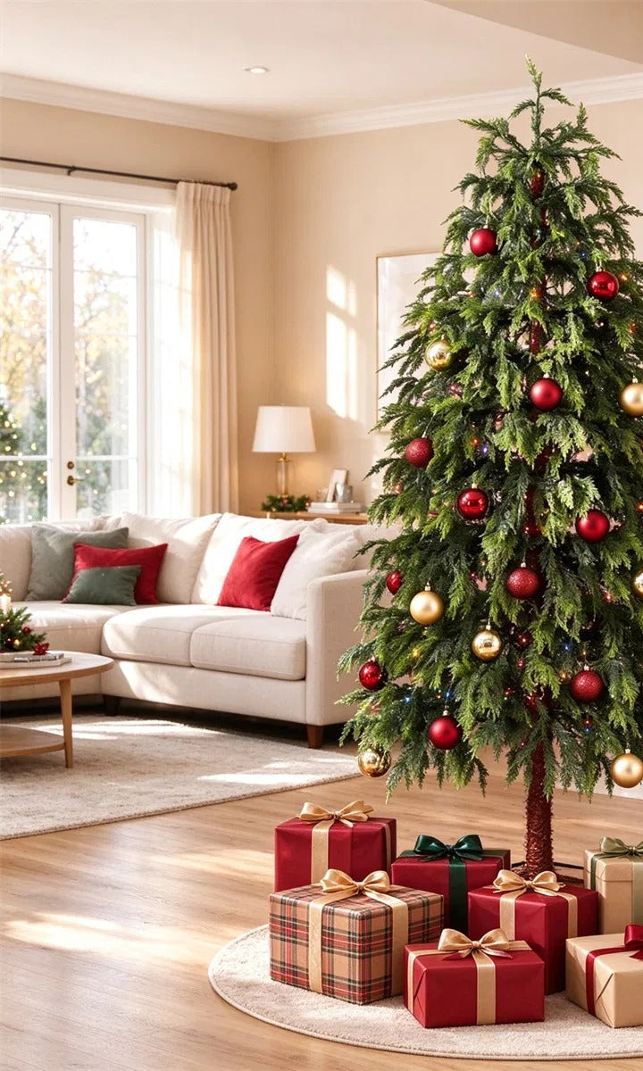 Slim cypress Christmas tree with color lights