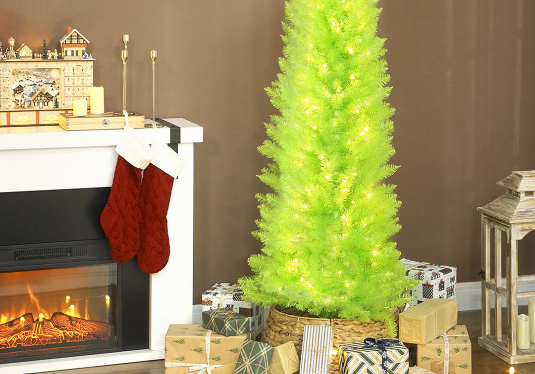 Lime green whimsical tree with bent top and red ball