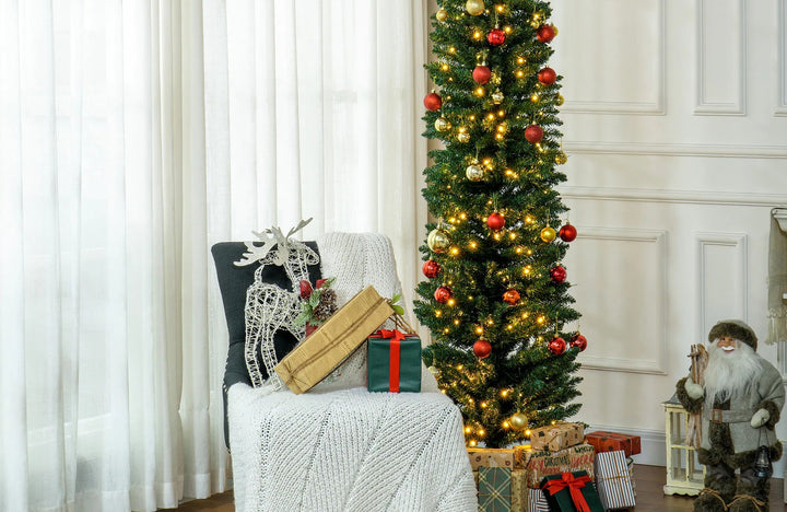 Tall slim green pre-lit Christmas tree
